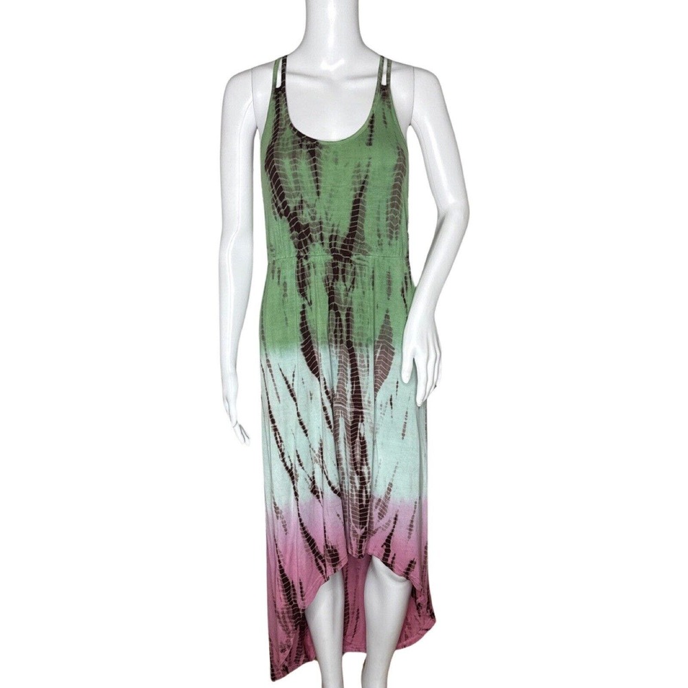 Raga Dress Womens Small Green Brown Tie Dye Halter Back Hi Low Bohemian Hippie